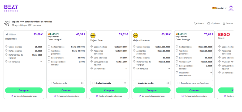 Comparador de precios de seguros de viaje para estados unidos